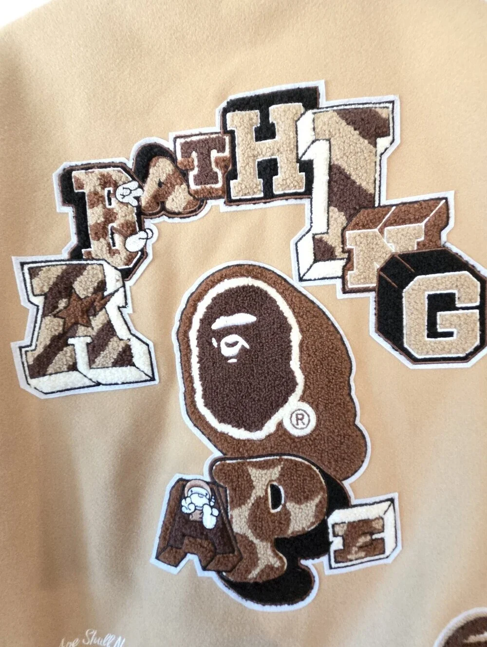 A BATHING APE BAPE MULTI MOTIF VARSITY JACKET BEIGE SIZE XXL (NWT)